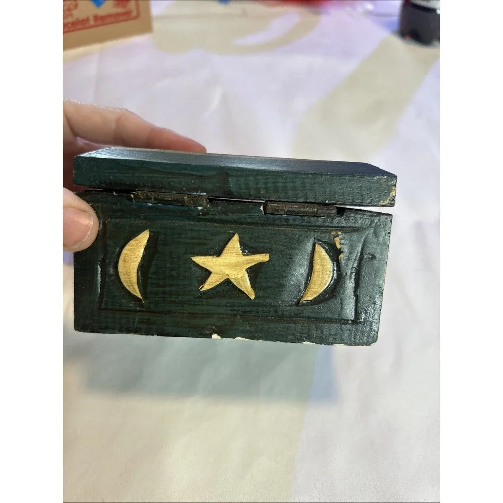 Vintage Celestial Wooden Trinket Box 4x3x3 Sun Moon Stars